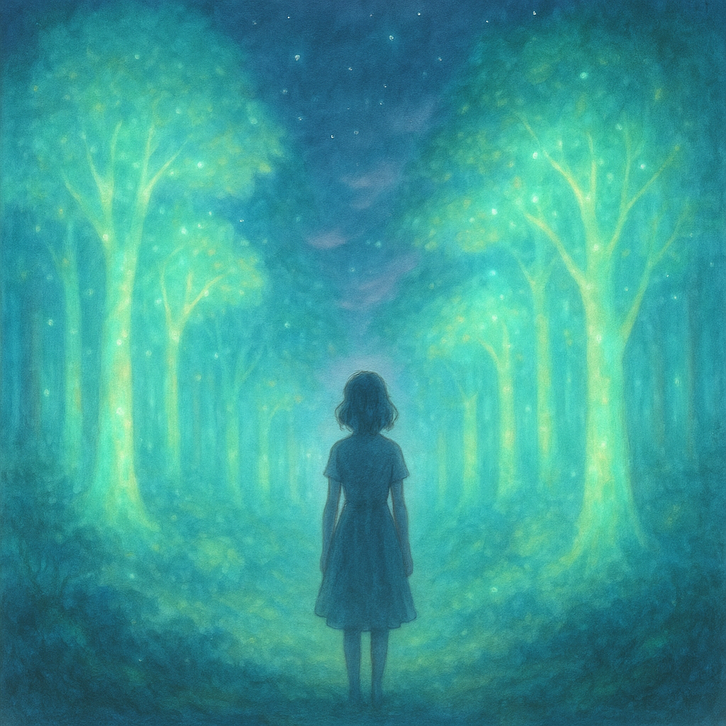 A dream of the forest with glowing paths, seen from a Christian view