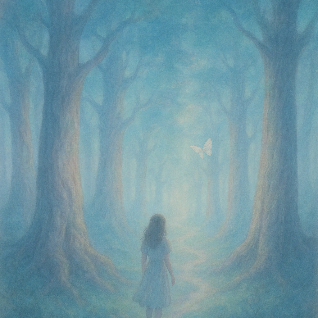 A dream of the forest with glowing paths, seen from a Christian view